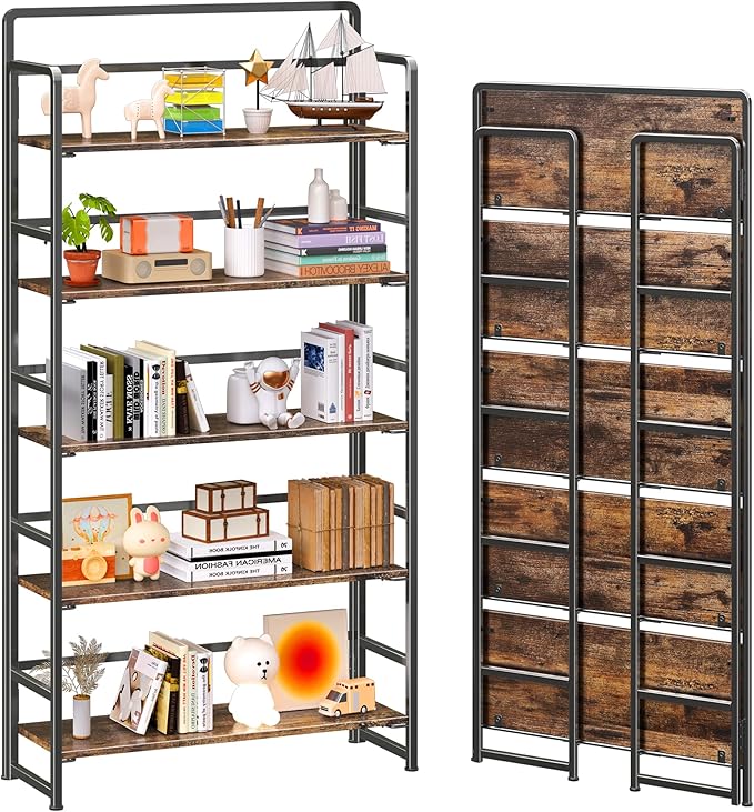 4NM No Assembly Extra Wide 5 Tiers Folding Bookshelf Storage Shelves Vintage by 4NM