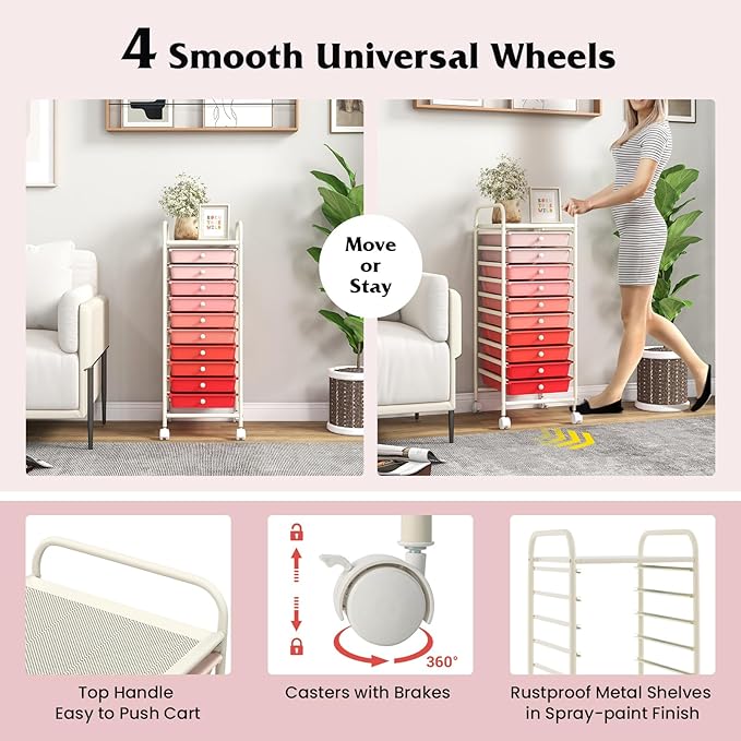 Giantex 10-Drawer Storage Cart w/Universal Wheel, Rolling Cart w/Handle - Image 5