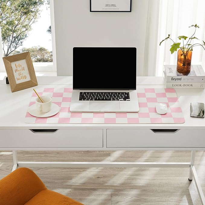 Ohocut Checkered Desk Mat, Large Cute Aesthetic Retro PU Leather Computer - Image 3