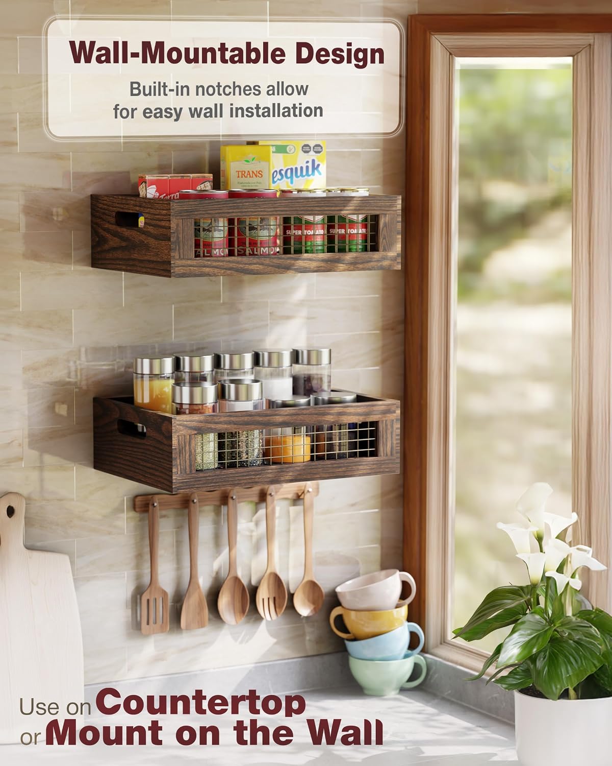 Set of 2 Wooden Countertop Baskets with Sturdy Wire Mesh & Handles