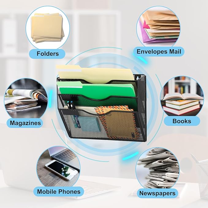 EASEPRES Magnetic 3 Pocket Mesh Hanging Wall File Organizer, Wall Mounted Mail - Image 4