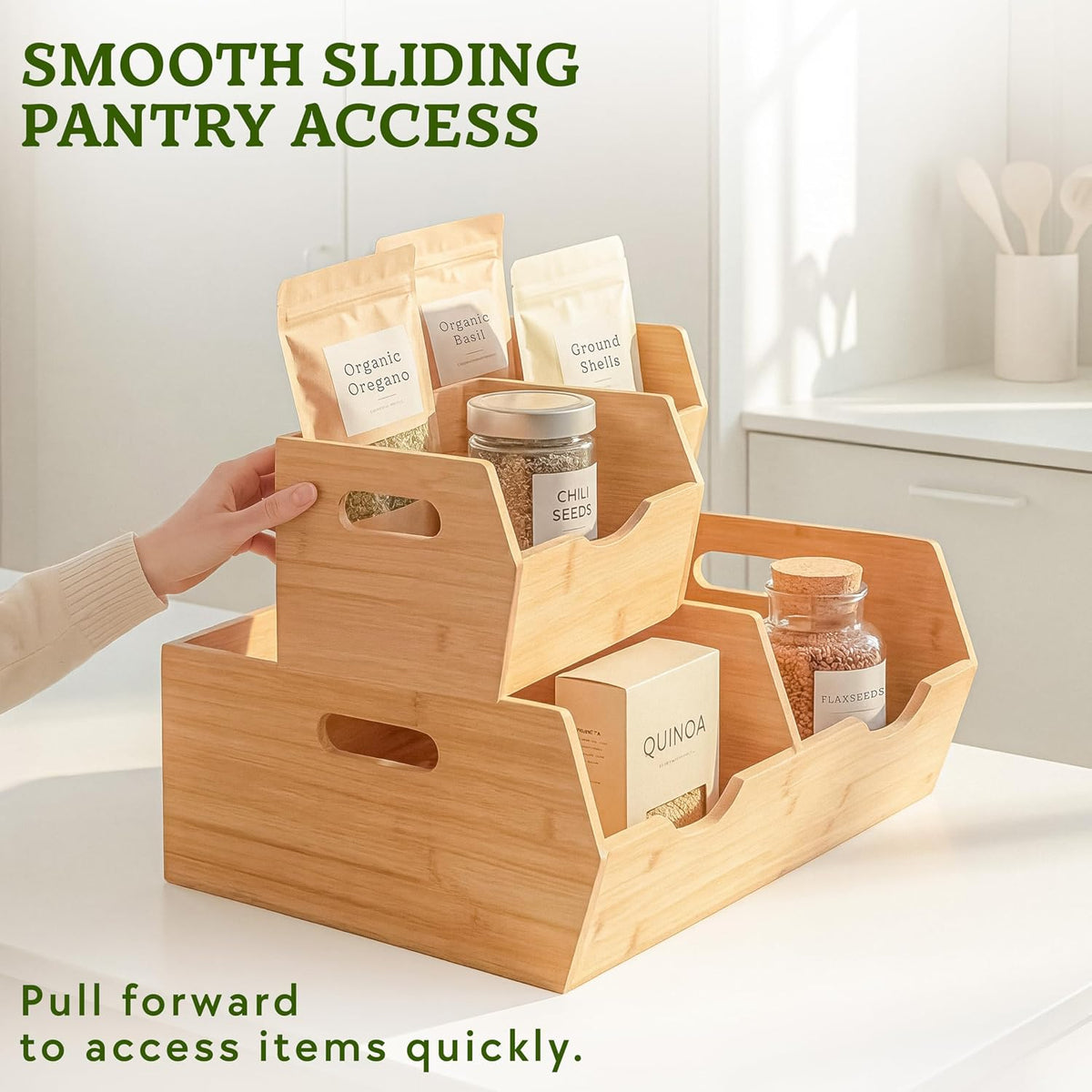 HOMESTEAD Extra Large Bamboo Pantry Storage Bins – 30% Larger, Stackable Pota...