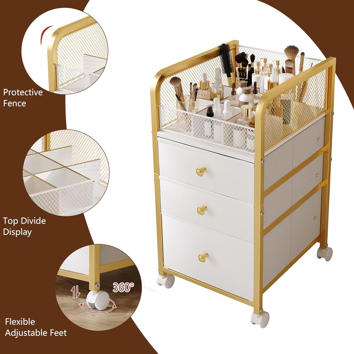Rolling Makeup Organizer Cart with 3 Drawers Under Desk Storage