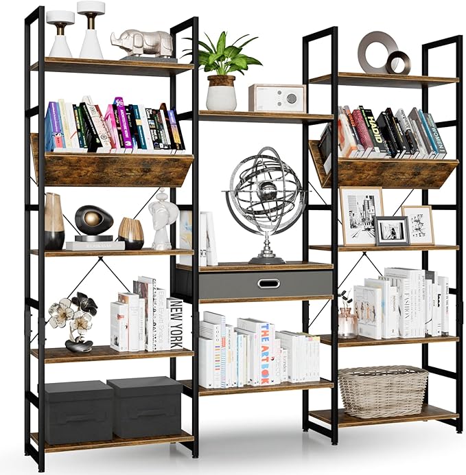 NUMENN Triple Wide 5 Tier Bookshelf, Adjustable Rustic Industrial Style Book by NUMENN