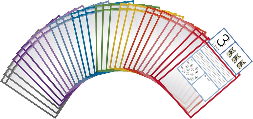 Better Office Products Dry Erase Pocket Sleeves, 30 Count, Crystal Clear, Oversized, 10.25" x 13.75", Heavy Duty Dry Erase Pocket Sheet Protectors, Reusable Pockets with 10 Assorted Colors, 30 Pack