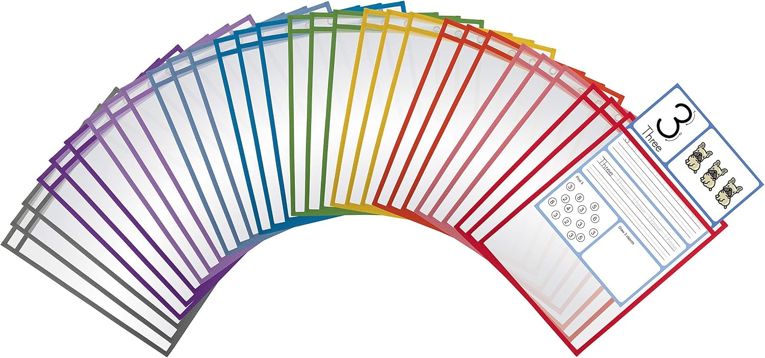 Better Office Products Dry Erase Pocket Sleeves, 30 Count, Crystal Clear, Oversized, 10.25" x 13.75", Heavy Duty Dry Erase Pocket Sheet Protectors, Reusable Pockets with 10 Assorted Colors, 30 Pack