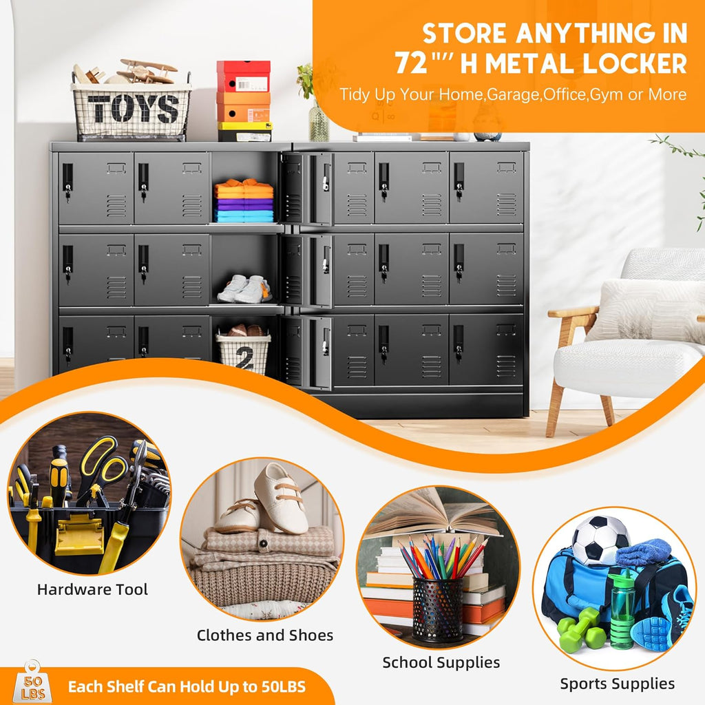 9 Door Metal Lockers for Employees, Black Lockable Steel Locker with Lock and Card Slot for Office, Gym, School, Home, Garage, Assembly Required