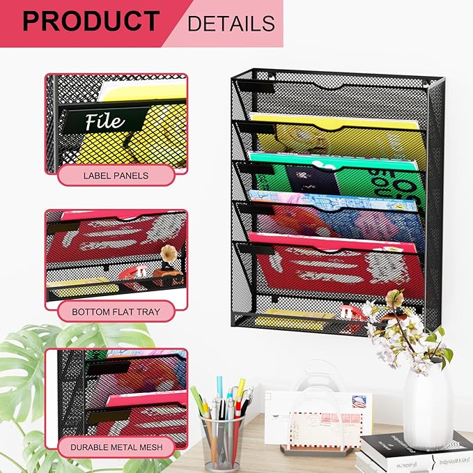 GDINDINFAN Hanging Wall File Organizer 6 Tier Wall Mounted Mail Paper Folder - Image 4