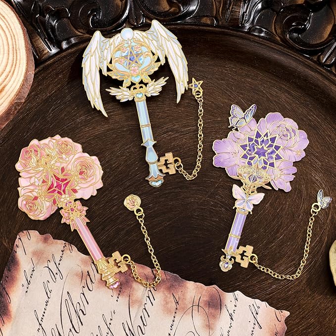 4pcs Metal Bookmarks Set for Reading Women and Men, Enchanted Floral Wing Key - Image 7
