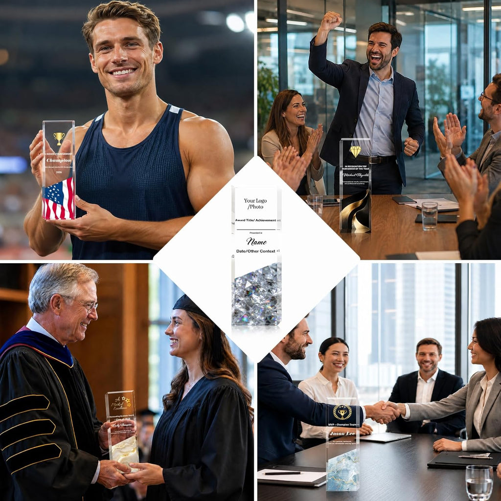 Custom Trophy with Logo/Text, Crystal-Clear Award Trophy – Modern Recognition Personalized Plaque for Office Excellence, Team Achievement & Competition Winners – Freestanding Corporate Bulk Appreciation Award