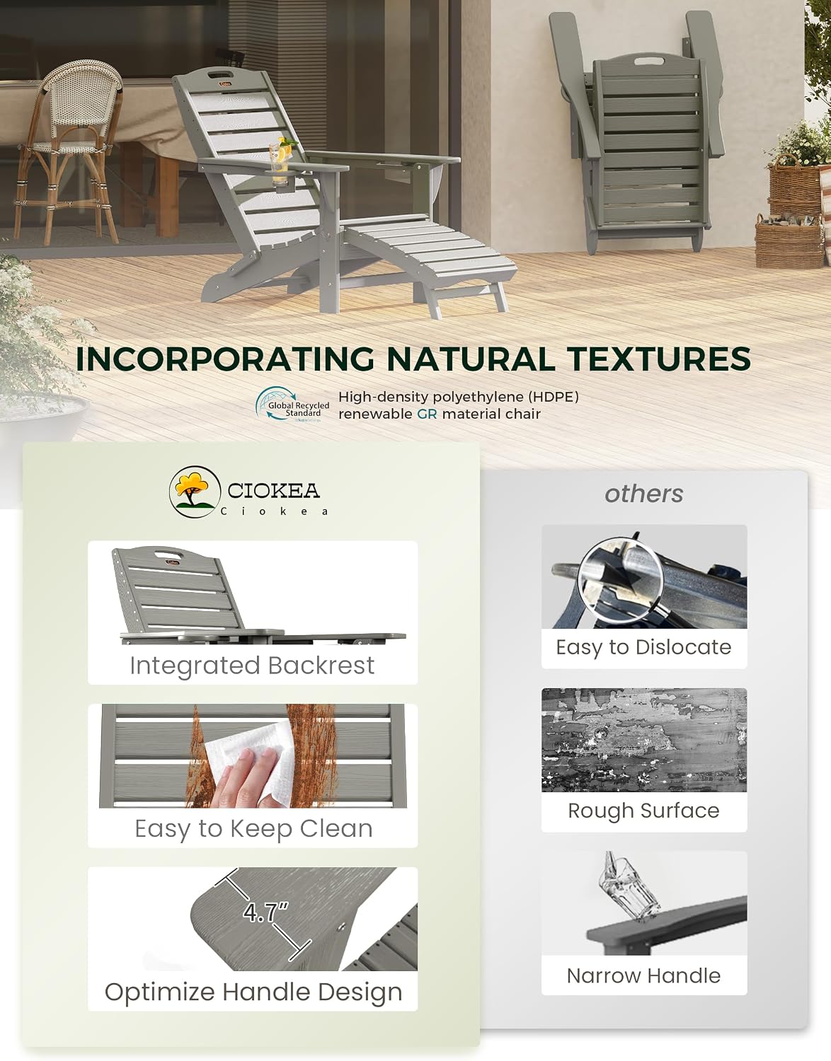 Ciokea HDPE Folding Adirondack Chair with Footrest,Grey,1