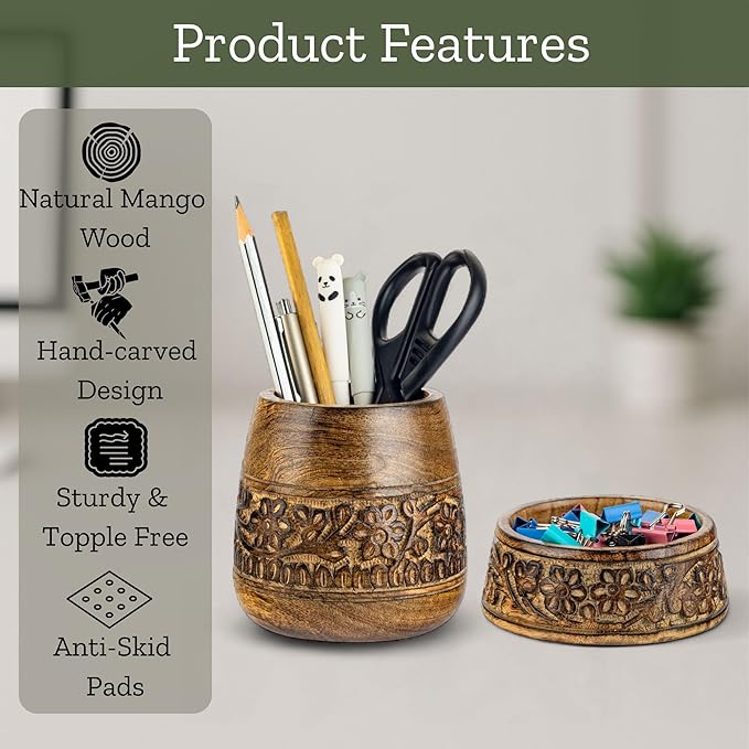 Mie Creations Wooden Desk Organizer Set of 2 Pen Holder, Paper Clip Storage - Image 2