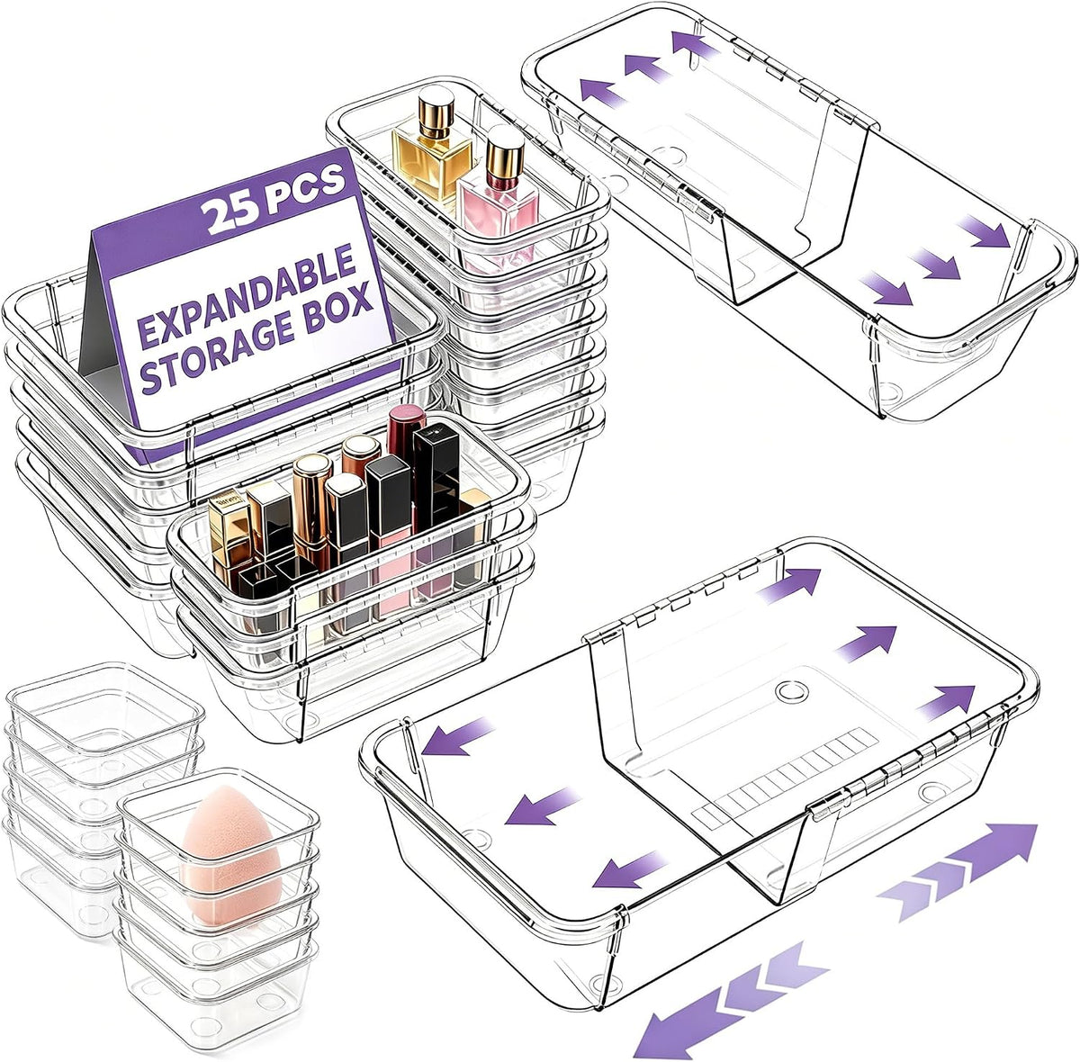 25Pcs Clear Expandable Drawer Organizer Bins for Vanity Desk Bathroom