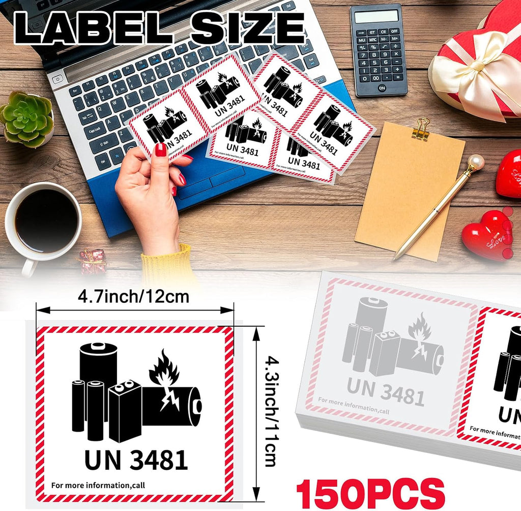 150 Pcs UN3481 Battery Labels Lithium Caution 4.7" X 4.3" | Lithium Ion Transport Caution Labels, Strong Adhesive for Shipping Packages, Fragile Warning Safety Stickers