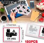 150 Pcs UN3481 Battery Labels Lithium Caution 4.7" X 4.3" | Lithium Ion Transport Caution Labels, Strong Adhesive for Shipping Packages, Fragile Warning Safety Stickers