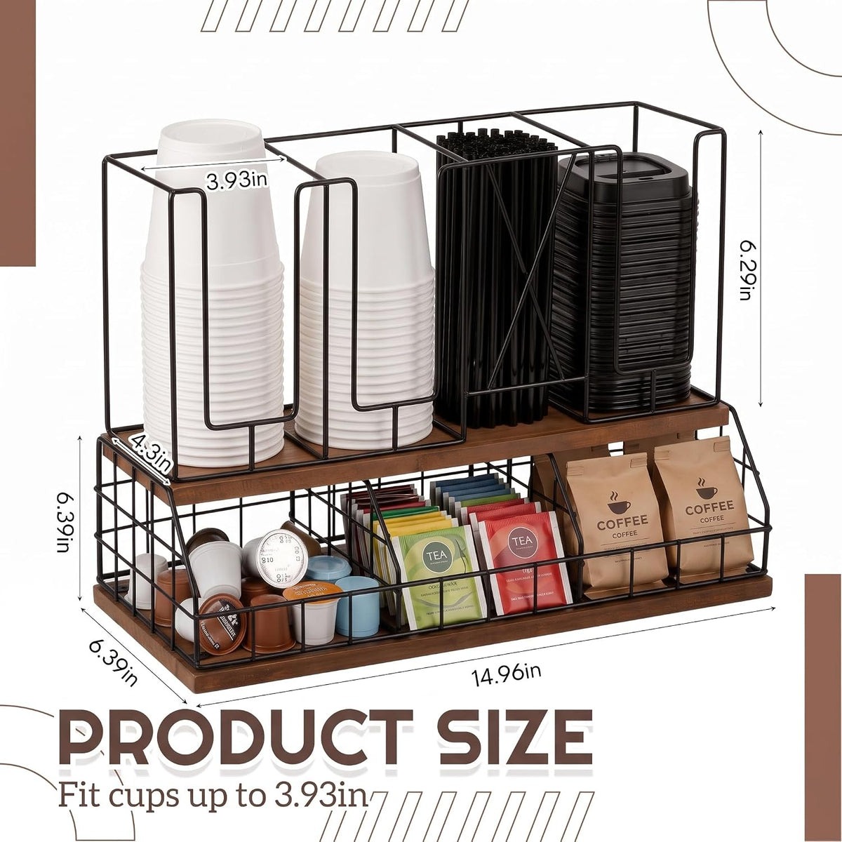 Geelin 18oz Adjustable Coffee Cup Dispenser with Wooden Base, Cup and Lid Hol...