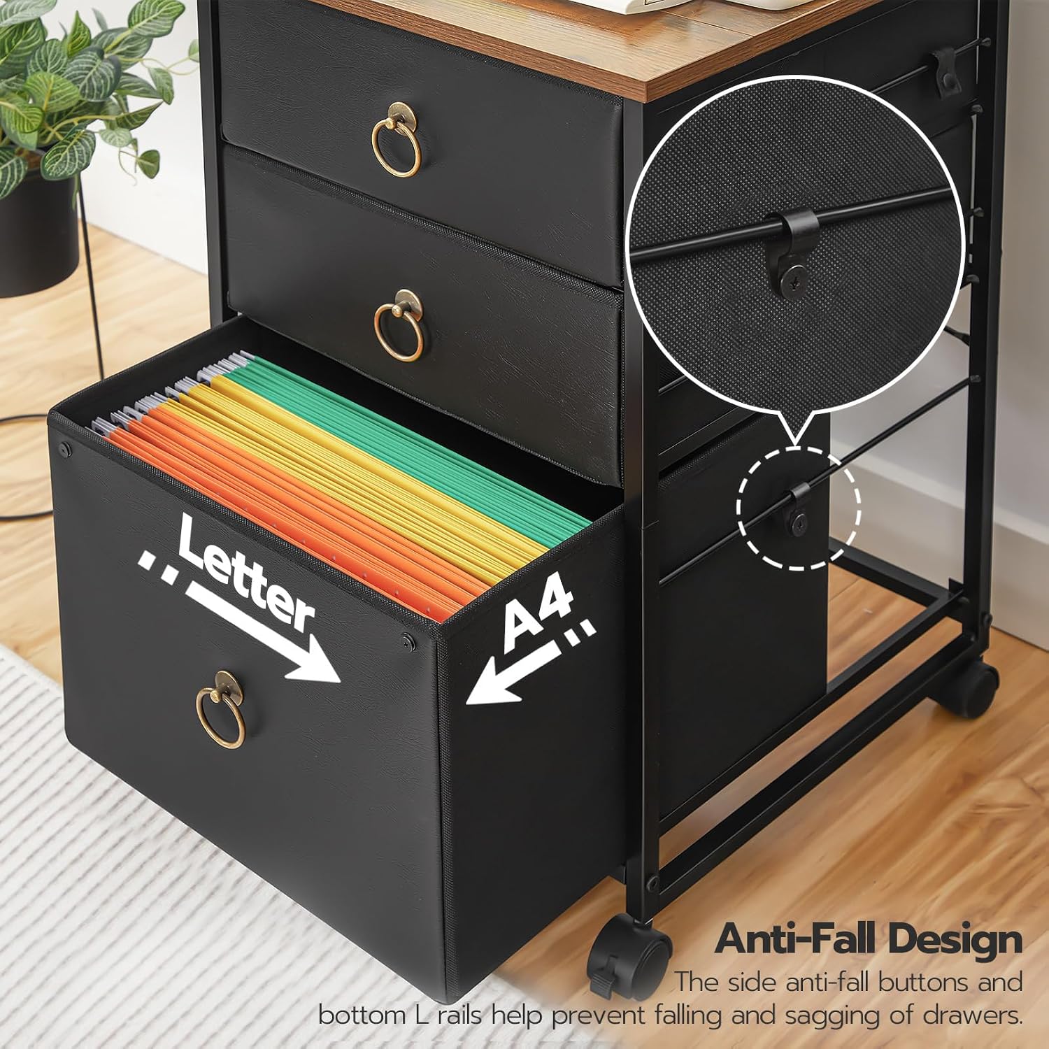 HOOBRO 3-Drawer Mobile File Cabinet, Vertical Filing Cabinet, Under Desk Storage Drawers for Home Office, Rolling Printer Stand, A4/Letter-Sized, Nonwovens Drawer, Rustic Brown and Black BFK30WJ01