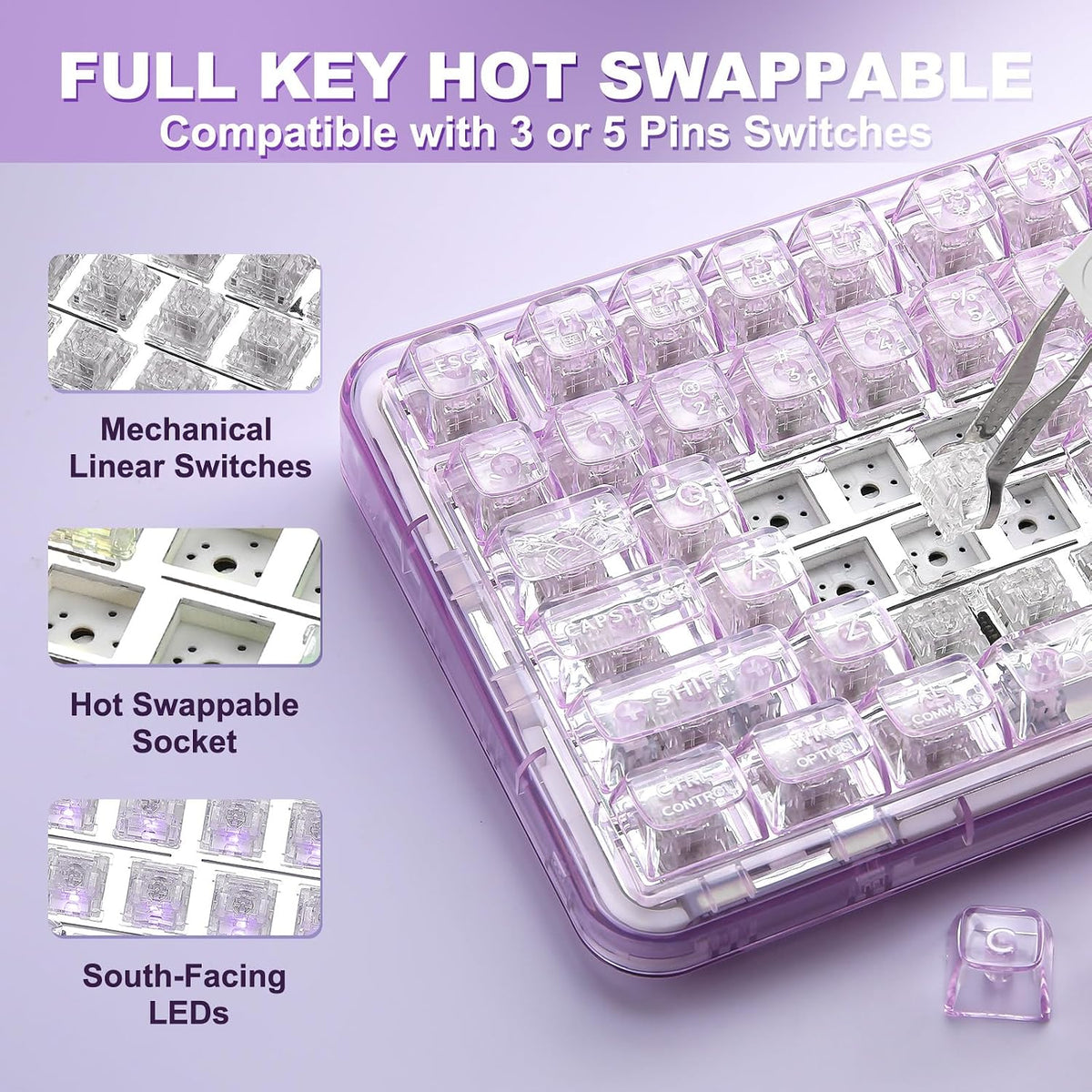 YUNZII X98 Wireless Mechanical Keyboard with Knob (Purple, Crystal Switch)