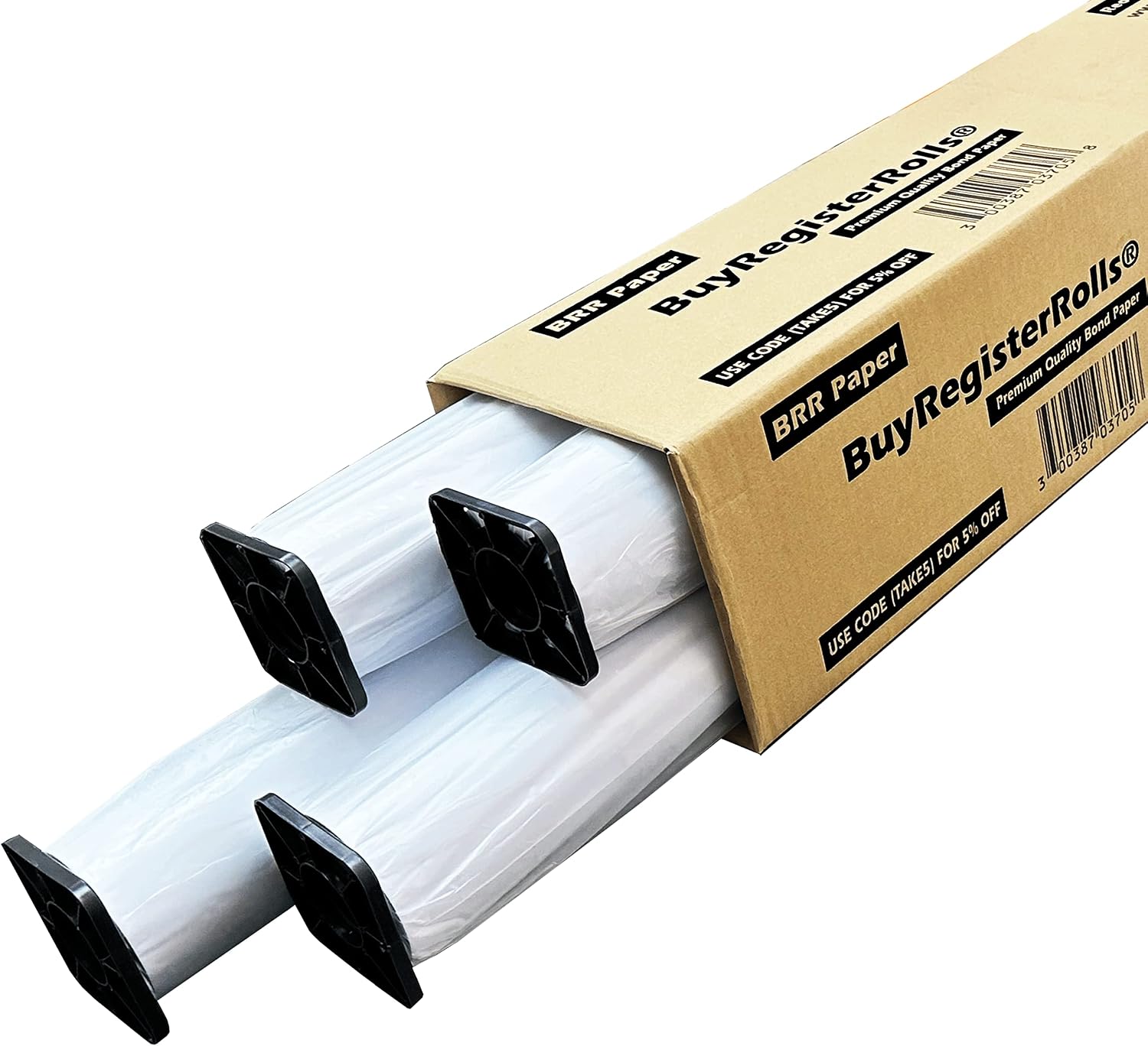 36’’ x 150’ Plotter Paper (New & Premium 4 Rolls) 20 lb Uncoated 96 Bright White (75 GSM with 2’’ Core) CAD Paper Rolls For Engineers, Architects, Copy Service Shops w/Inkjet Printers