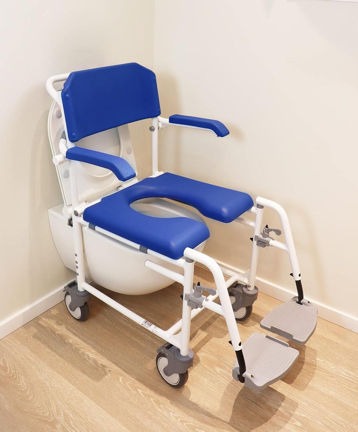 KMINA Rolling Shower Chair with Wheels and Brakes, Commode Toilet, Blue