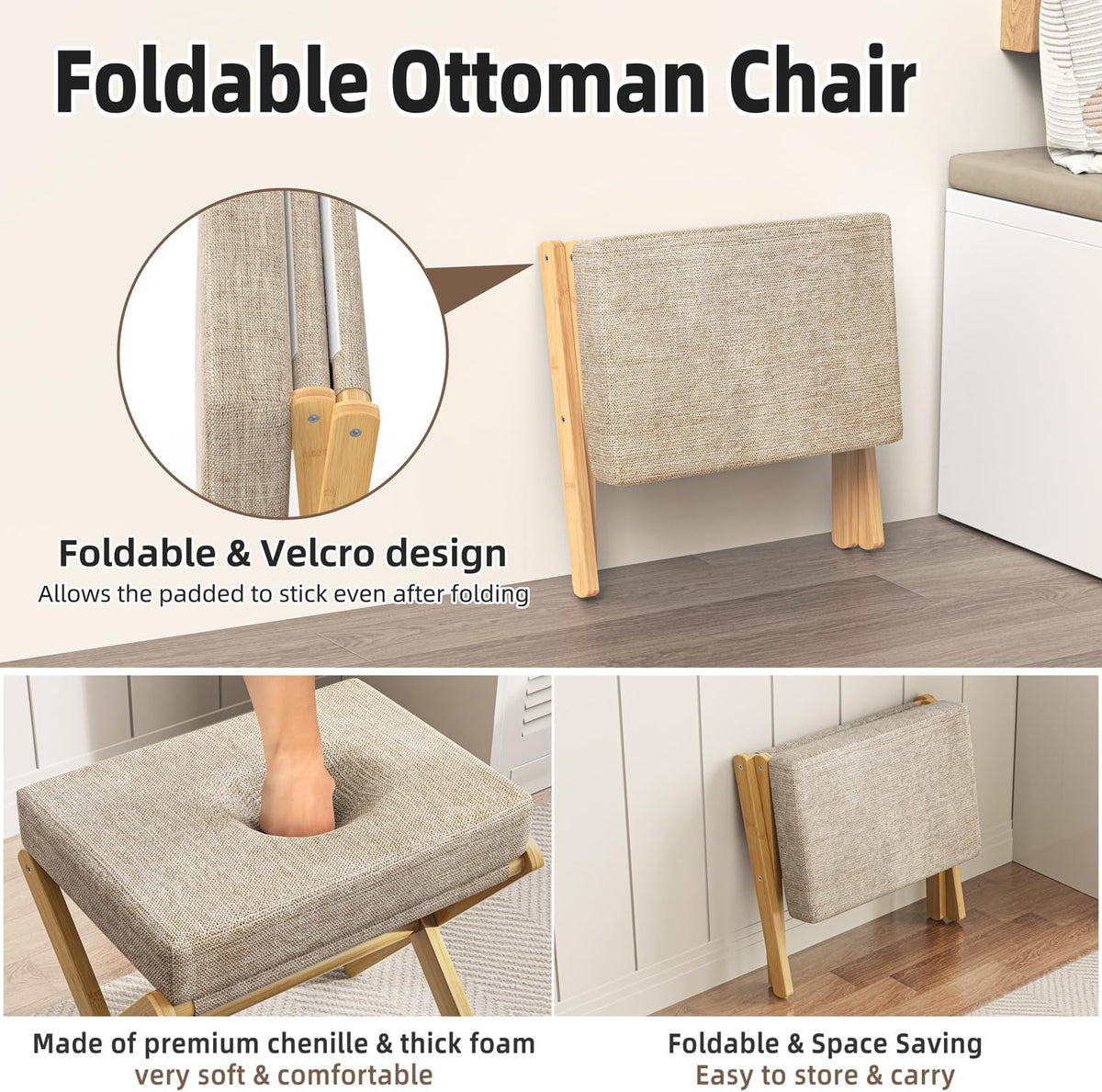 bamboohomie foldable foot stool ottoman, modern foot rest, side view