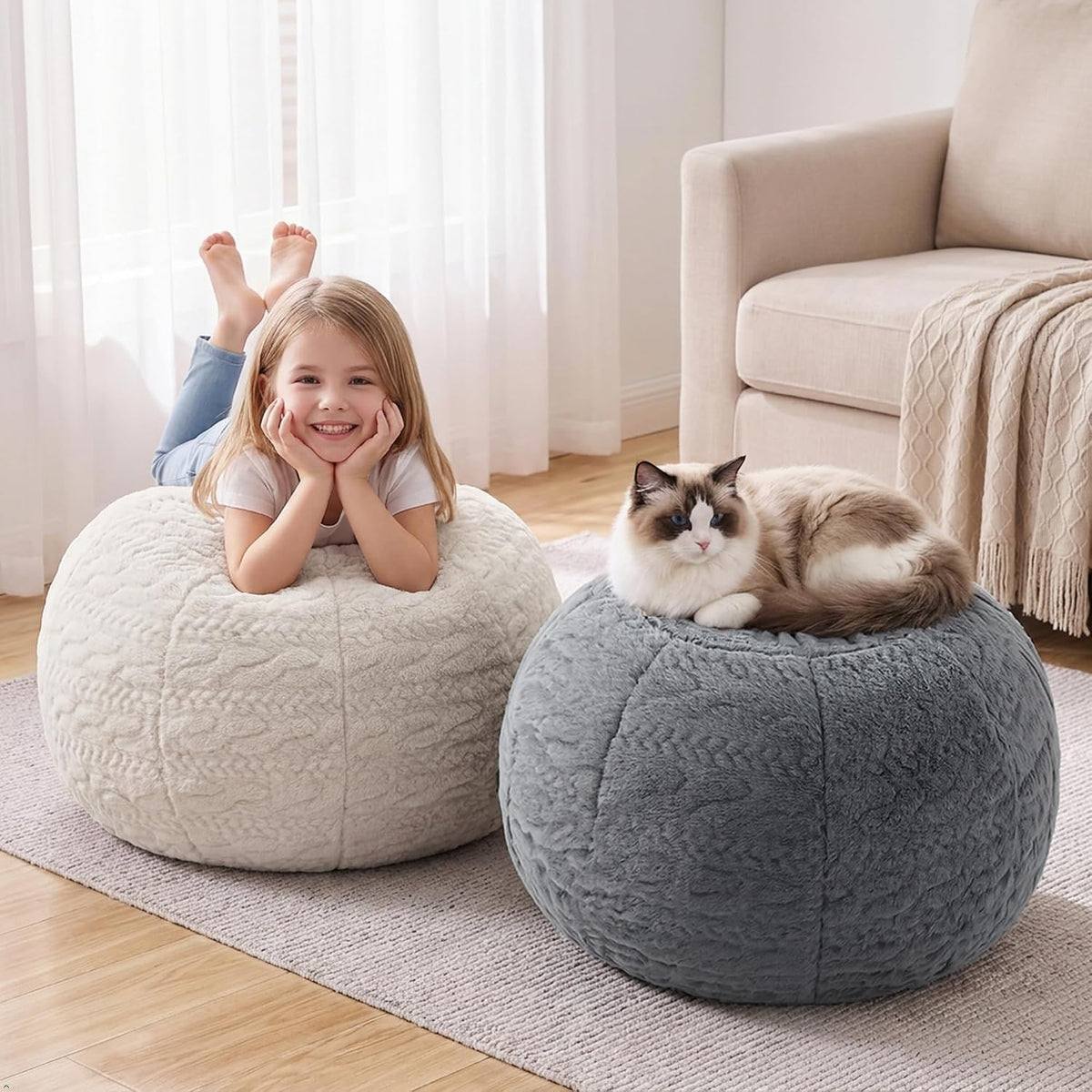 Hobestluk Stuffed Pouf Ottoman Footrest,Round Footstool,Handle,Small,Grey