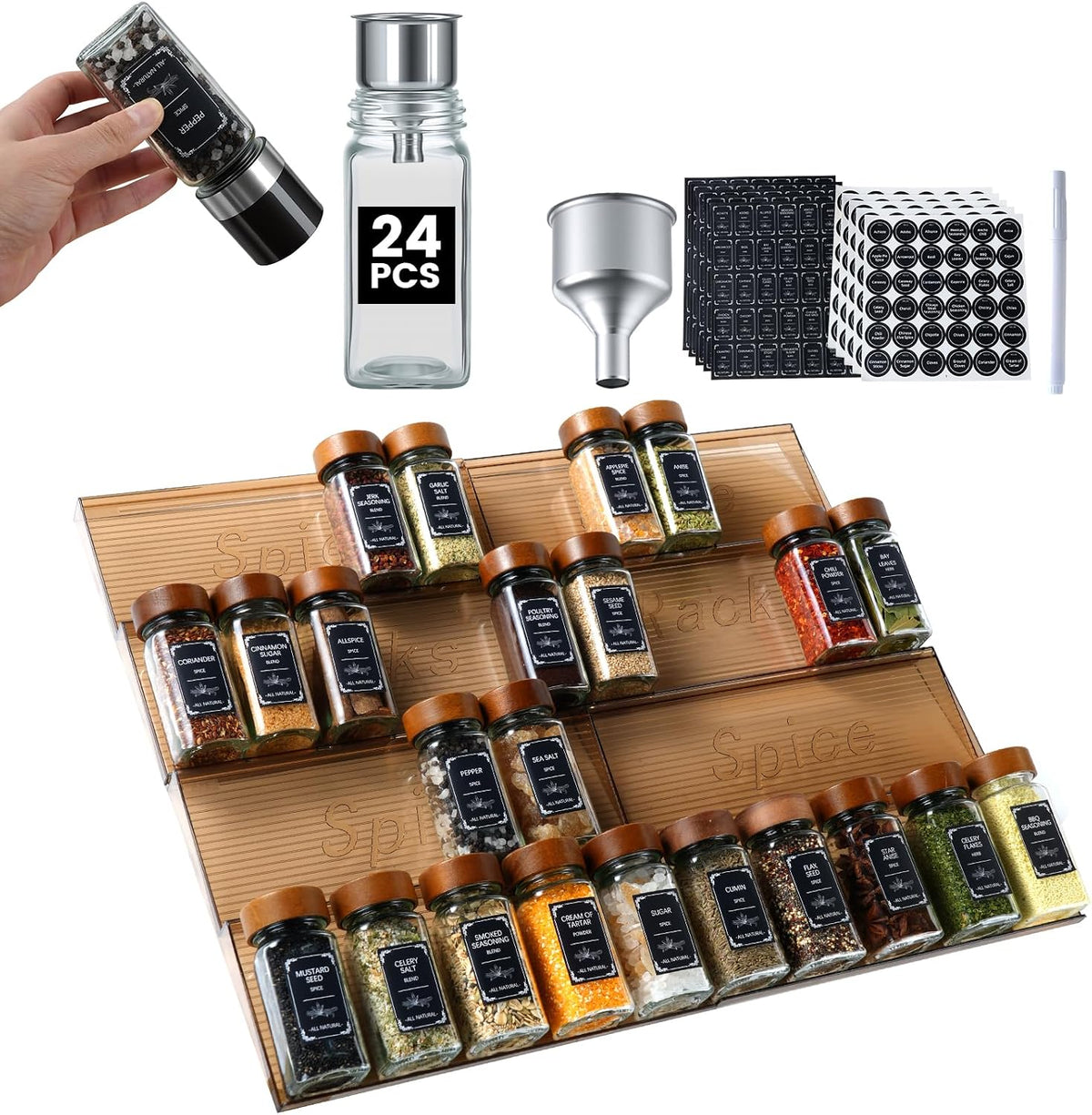 2 Pack Spice Rack with 24 Spice Jars, 4OZ Wood Lid Spice Containers with Expa...