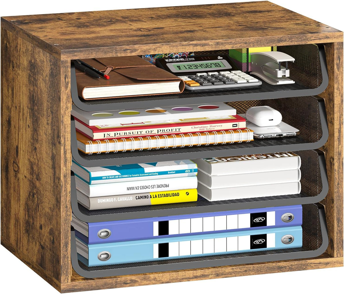 Simple Trending 4-Tier Desk File Organizer, Paper Organizer, Rustic Brown