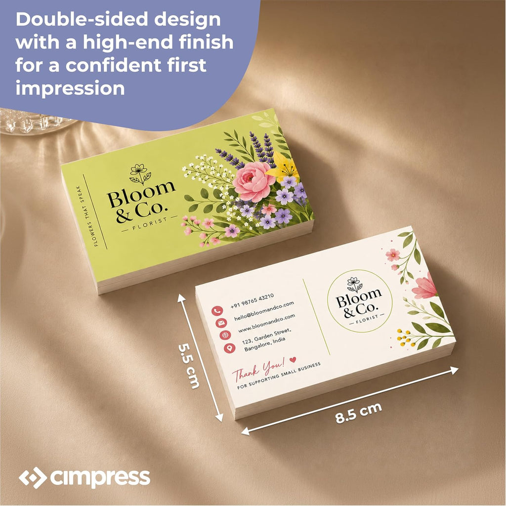 custom business cards, packs of 50 to 1000 showing dimensions