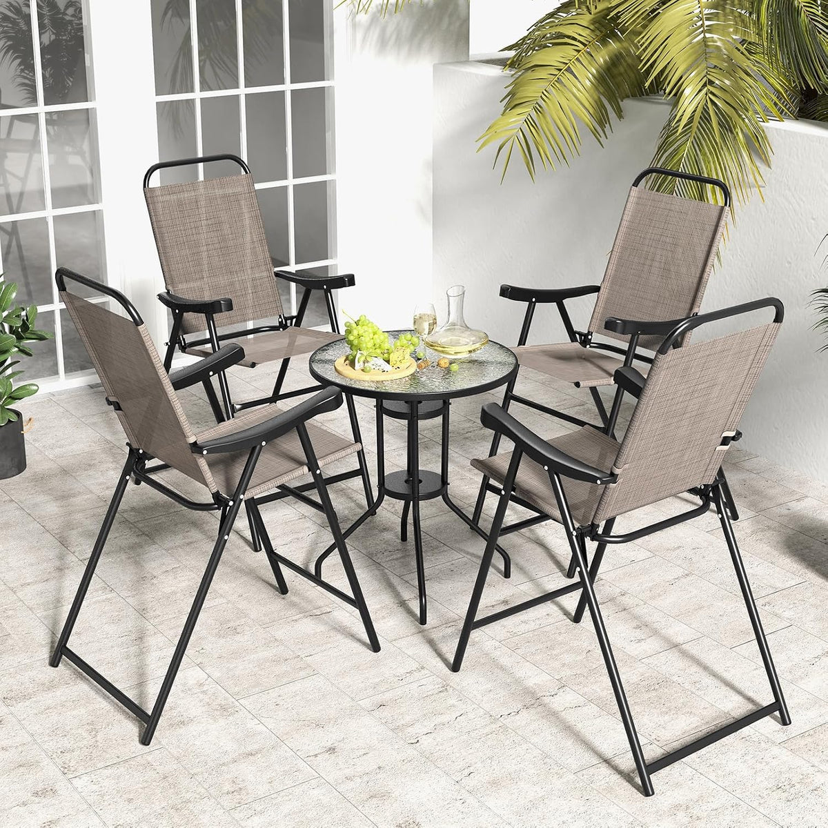 COSTWAY 4 Pieces Patio Folding Bar Chairs with Metal Frame, Footrest, Arms