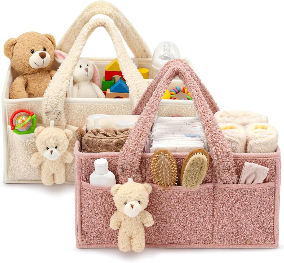Shinylin 2 Pack Plush Diaper Caddy Organizer, Powder Pink and Ivory