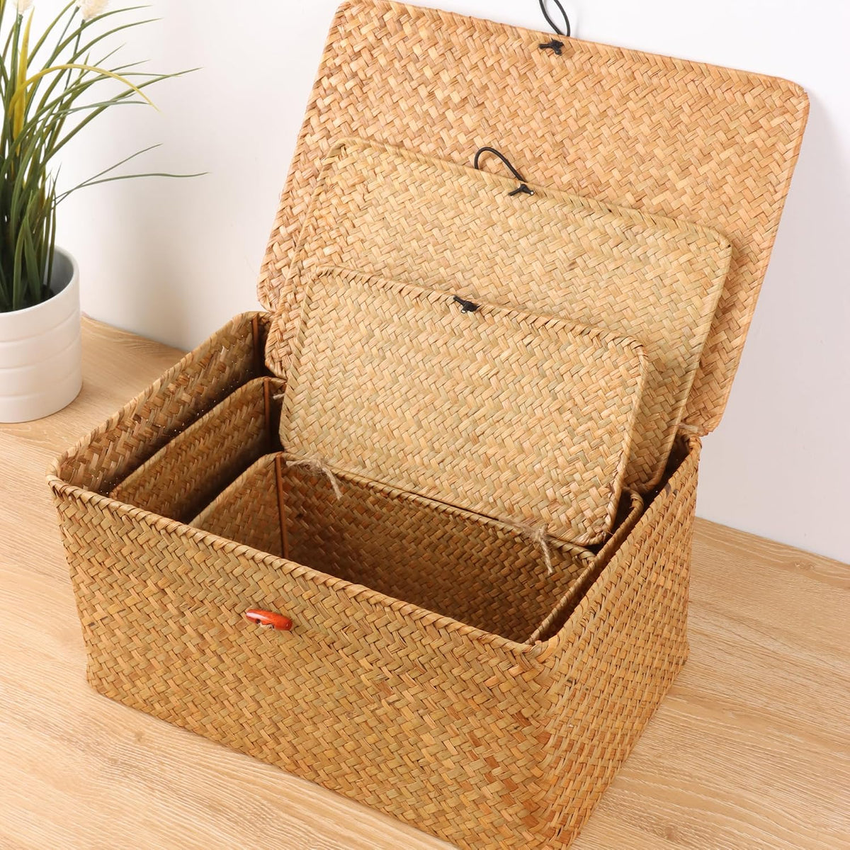 Moosky Wicker Shelf Baskets with Lid,Natural Seagrass Storage Basket Boxes Ha...