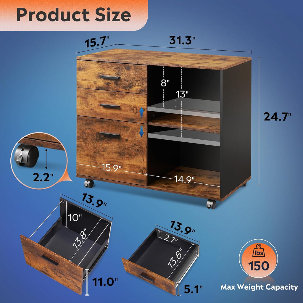 devaise 3-drawer mobile file cabinet, lateral filing cabinet, close-up detail