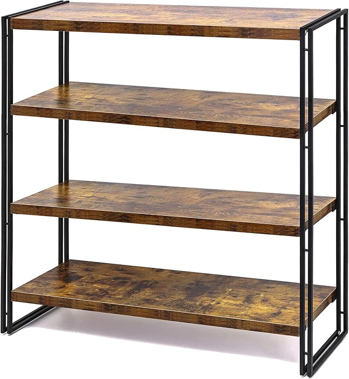 HCHQHS Bookshelf, 4-Tier Industrial Bookcase, Rustic Wood and Metal Open by HCHQHS