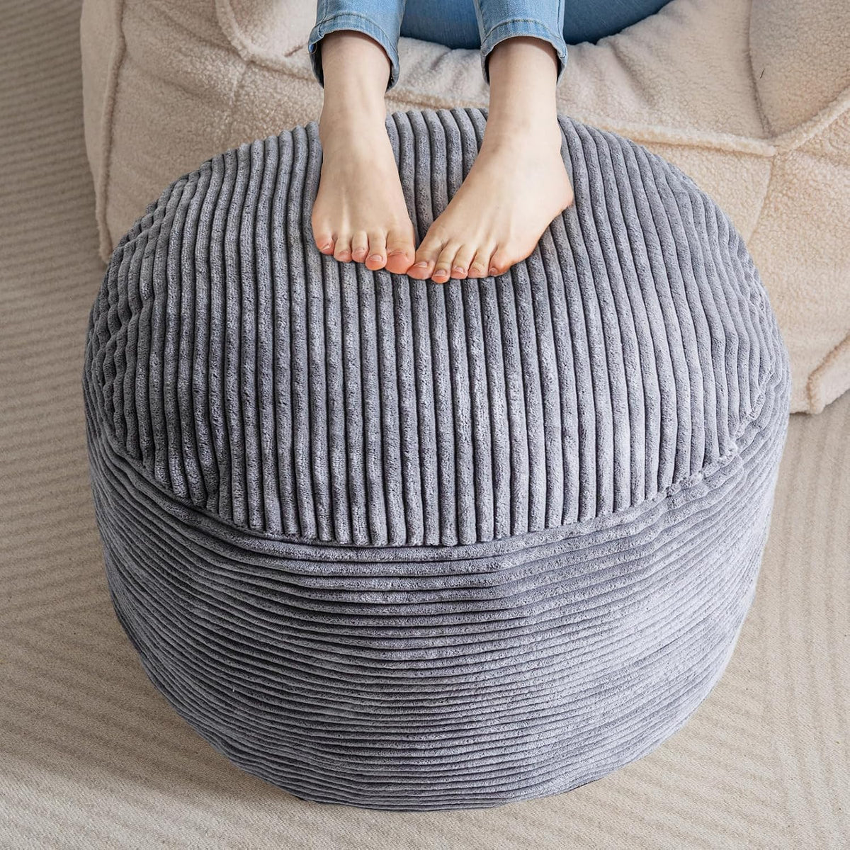 higogogo round stuffed pouf ottoman, corduroy poufs with, main product view