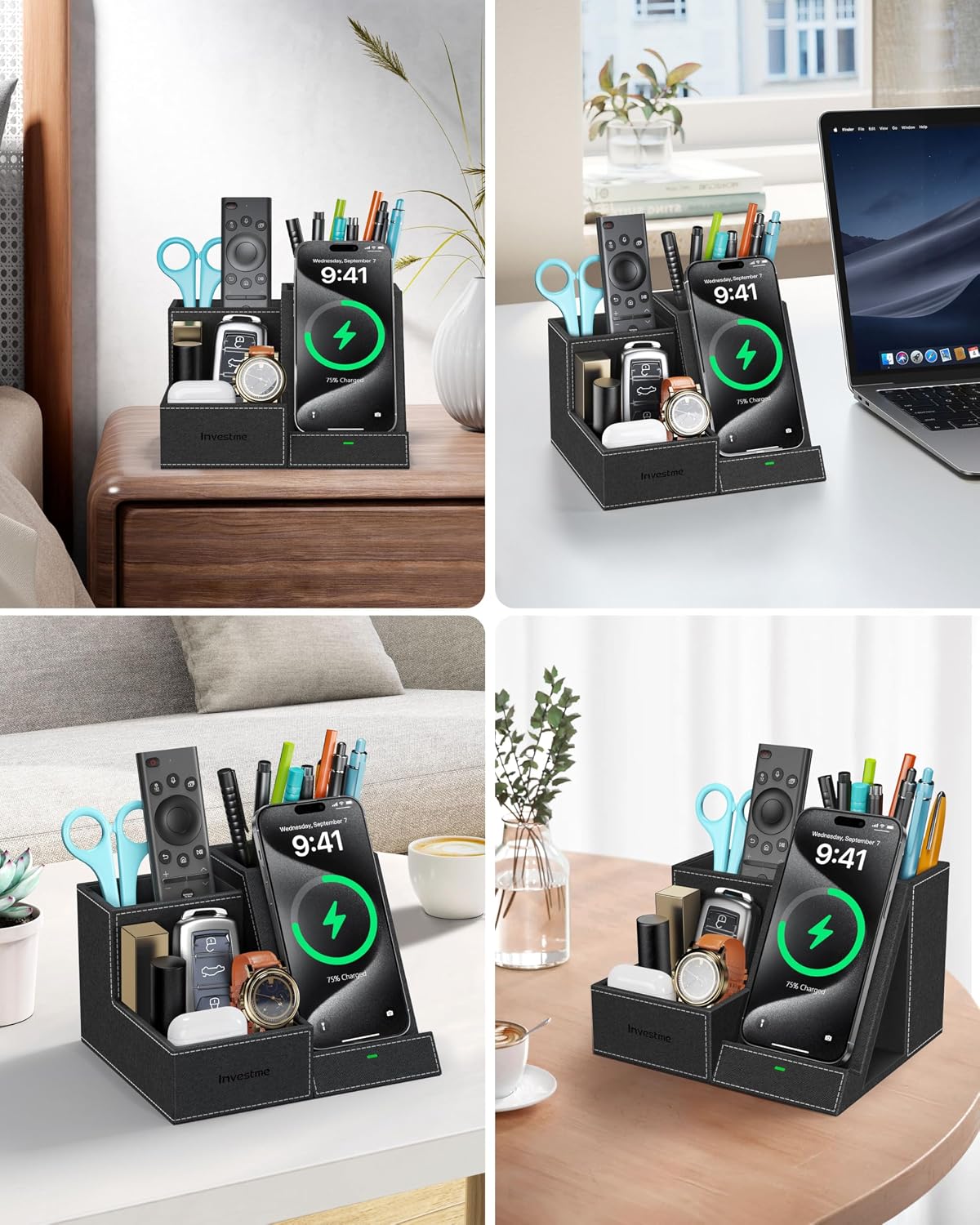 Wireless Charger with Desk Organizer, 3 Compartments and 1 Phone Stand