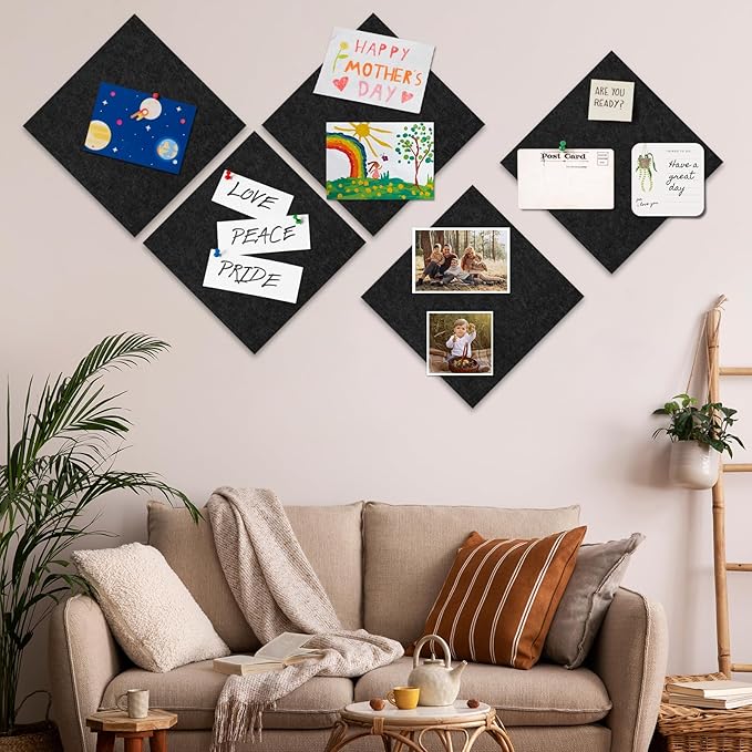Bouiexye Felt Cork Board Tiles 6 Pack Black Bulletin Boards 12"x12" - Image 6