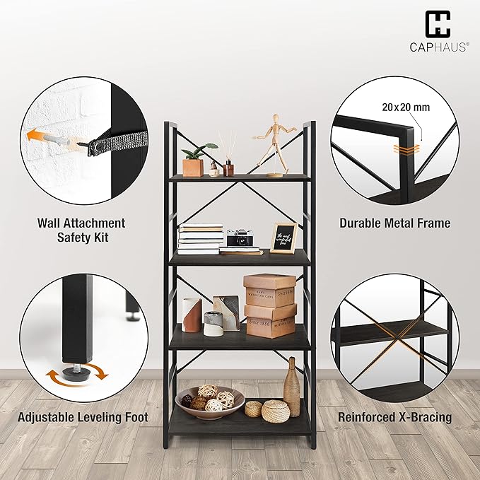 CAPHAUS 4 Tier Bookshelf, 24 Inch Width Free Standing Shelf, Bookcase Shelf - Image 5
