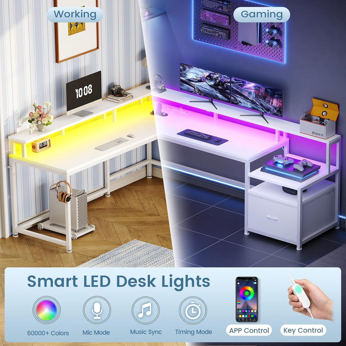 SEDETA 66" Reversible L Shaped Computer Desk with Power Outlet, File Drawer