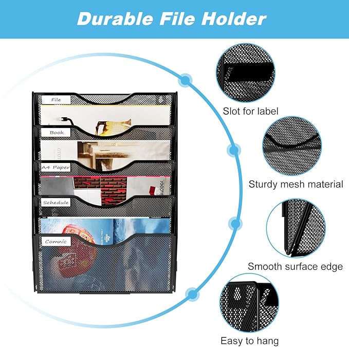Solinxe Wall Hanging File Holder 5 Pocket Wall Mounted Paper Organizer Magazine - Image 3