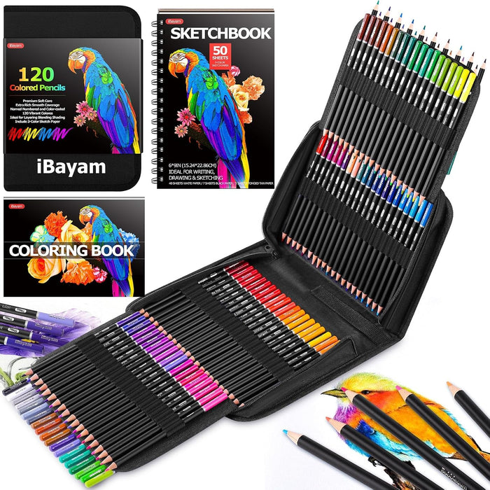 iBayam 123-Pack Colored Pencils Set with 3-Color Sketchbook & Coloring Book