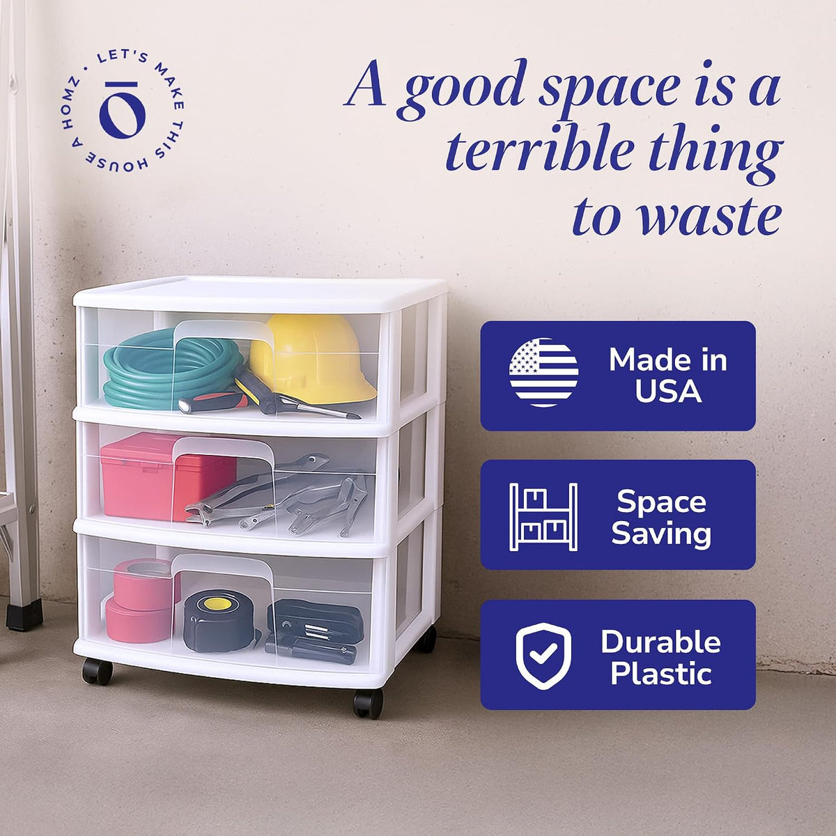 HOMZ Drawer Tower, 3-Tier Storage Cart with Removable Wheels, White Frame