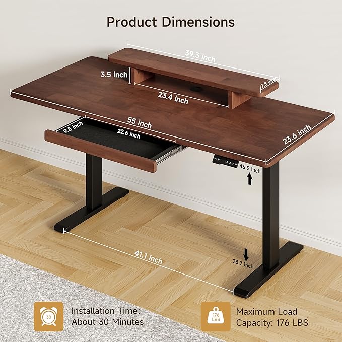 ONBRILL Standing Desk with Drawer, 55x23.6 Inches Solid Wood Desktop Stand Up - Image 2