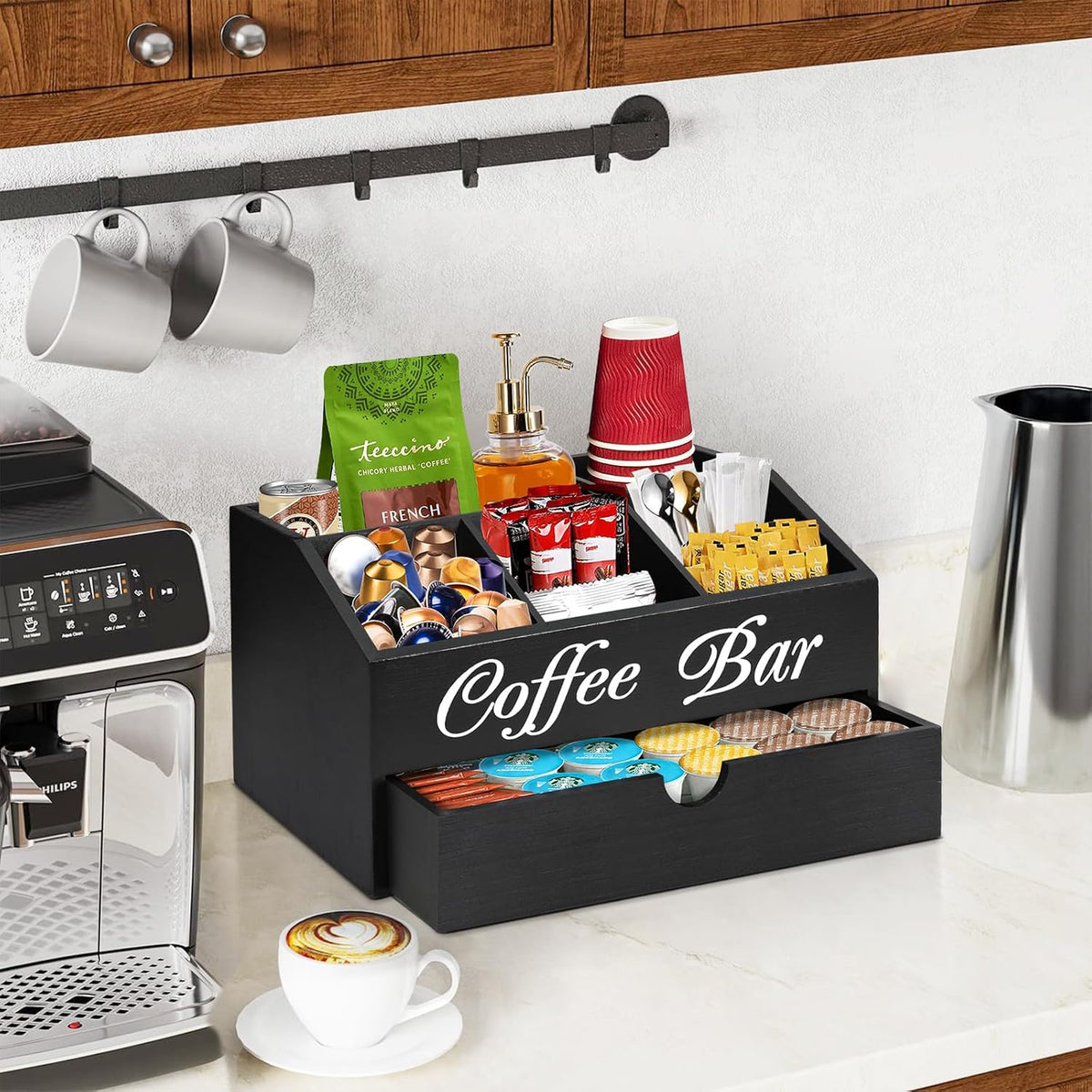 Coffee Bar Organizer Countertop, Wooden Bar Accessories With Drawer, Coffee S...