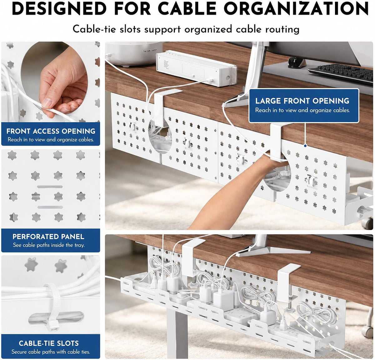 Under Desk Cable Management Tray, 32.6 in, No Drill Cable Organizer, Ivory