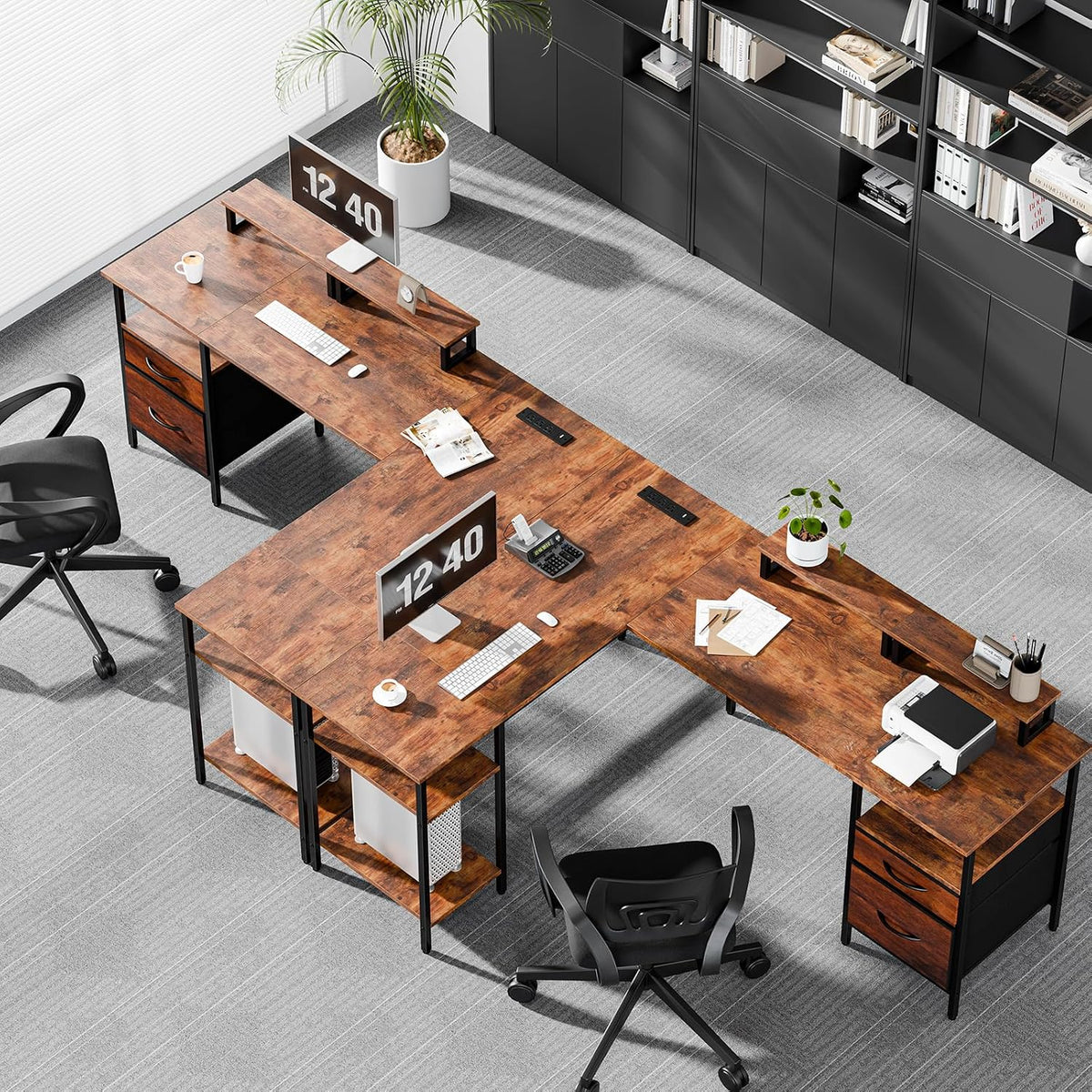 DUMOS 62” L Shaped Desk with Drawers and Power Outlet, Rustic Brown