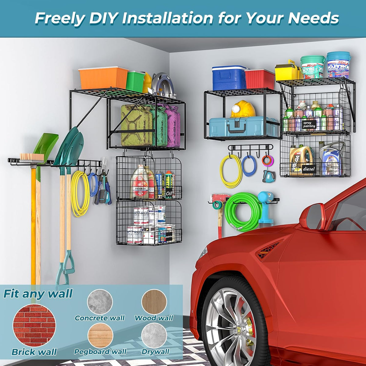 threehio garage shelf wall mounted with wire baskets, view 9