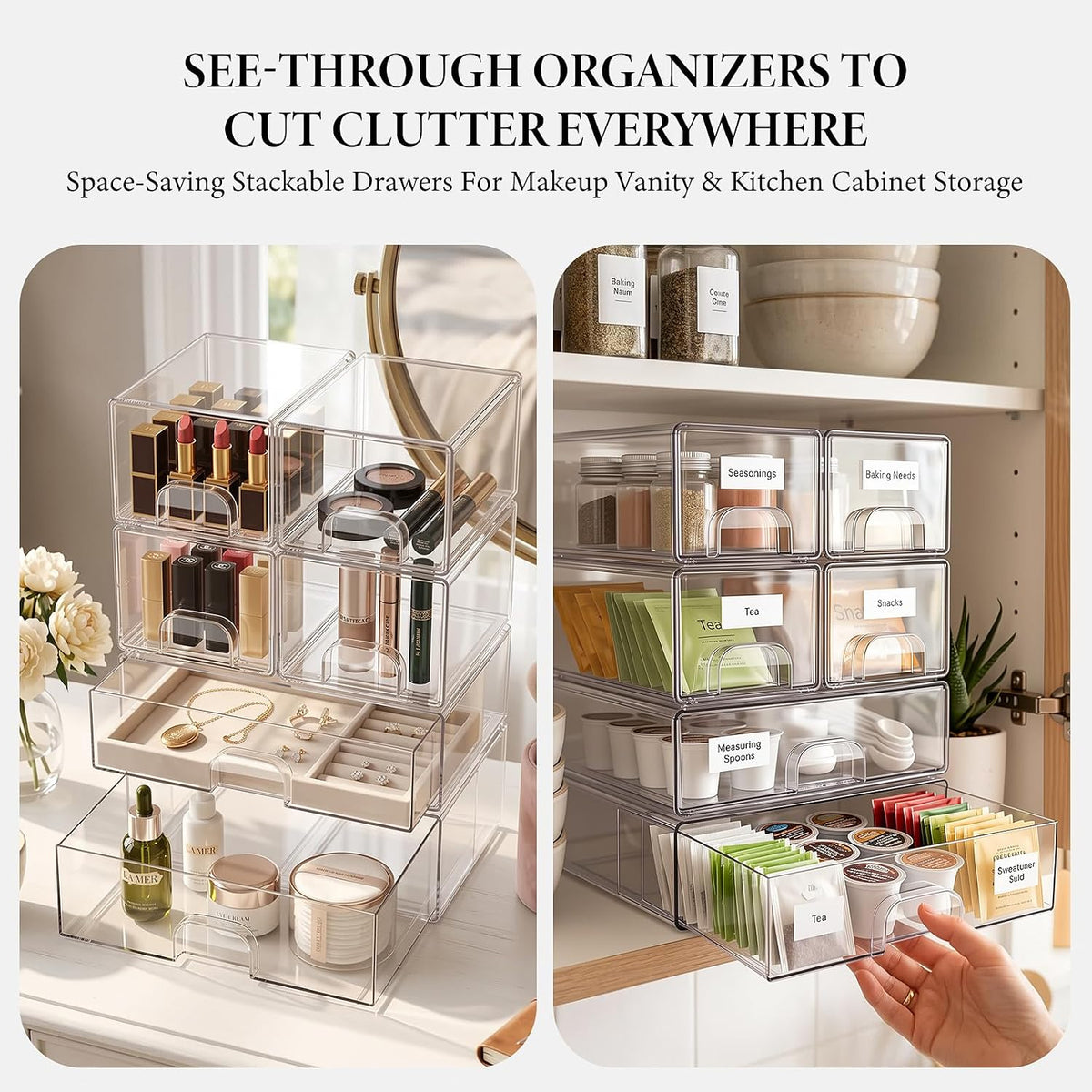 Clear Stackable Storage Drawers Set of 4 Bathroom Makeup Organizer Bins
