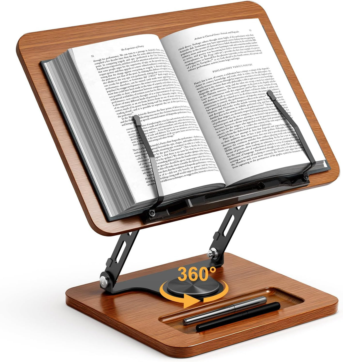 OPTIXCELL Book Stand for Reading, 360° Rotating Book Holder, Page Clips