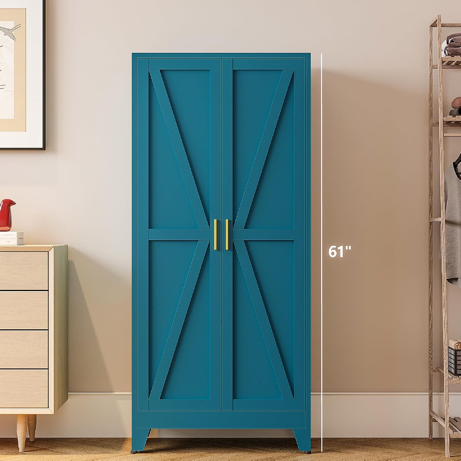 Washsemba 61" Tall Farmhouse Metal Pantry Cabinet, Kitchen Pantry Storage Cabinets with 2 Barn Door and Adjustable Shelves,for Kitchen,Laundry Room,Home Office,Kids Room （Peacock Blue